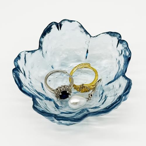 Flower Ring Dish Jewelry Tray, Glass Jewelry Dish Tray, Aesthetic Room Decor Small Trinket Dish, Nightstand Jewlery Ring Holder Dish, Bathroom Jewelry Plate Bowl for Rings Earrings Wife Gift (Blue) - color: Blue