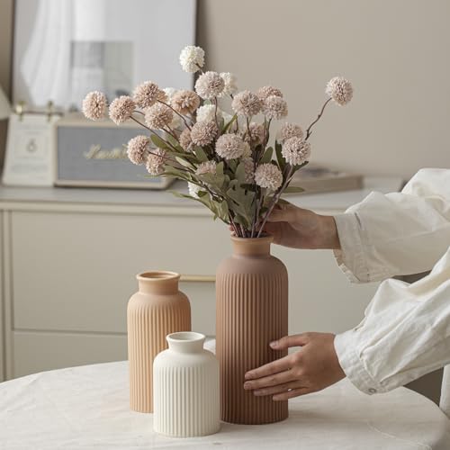 Large Modern Ceramic Vase Set, Coffee Ribbed Matte Design, 3-Piece Decorative Vases for Home, Living Room, Office (XL Coffee Mix) - color: XL Coffee Mix