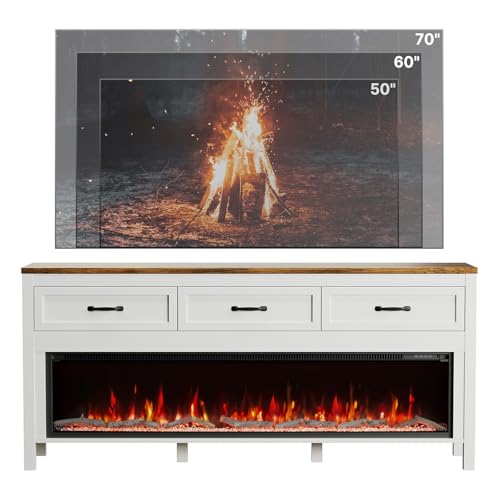 BVIUNTWO Modern Fireplace TV Stand for Up to 75 Inch TV, Entertainment Center with 60" Electric Fireplace for 65 75 Inch TV, 65" TV Stand with Storage Cabinet Drawer for Living Room (Off White) - size: 65 Inch