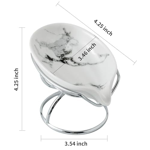 Dobbyby Leaf-Shaped Soap Dish – Premium Ceramic Soap Bar Holder with Self-Drainage System – Bar Soap Holder for Shower, Bathroom Sink, Kitchen – Waterfall Soap Dish with Stainless Steel Stand (SLIVER) - color: Sliver