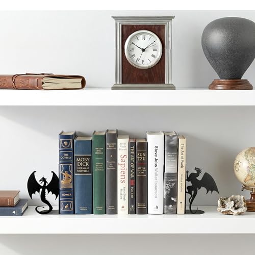 Dragon Bookends Decorative Metal Book Ends for Shelves, Unique Office Desk Bookends Cute Stoppers Reading, Bookshelf Decor for Office School Bedroom Gift for Dragon Lovers and Reading Enthusiasts - color: Black Dragon