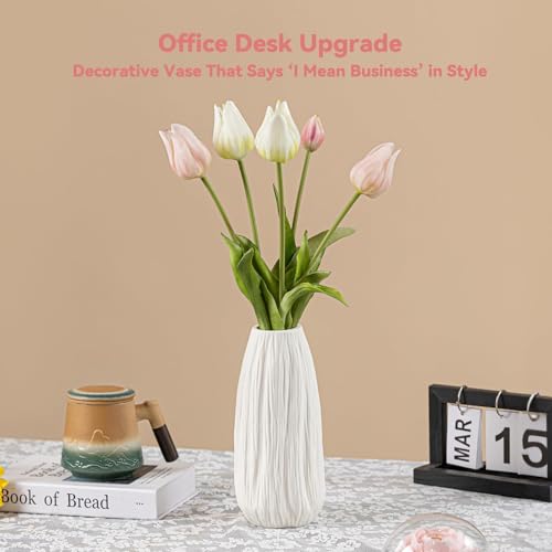 White Ceramic Vase with Woodgrain Texture & Vertical Lines - 9.3" Unique Flower Vase for Pampas Grass & Centerpieces, Farmhouse/Boho Decorative Vase for Living Room, Office Desk &Gift for Her/Yourself - color: Woodgrain Texture
