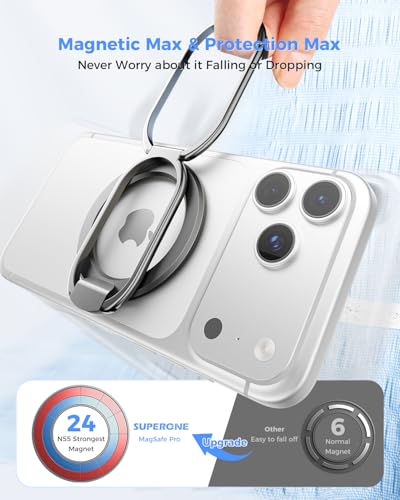 [2025 Upgraded] Mag Safe Phone Ring Holder, SUPERONE Adjustable Magnetic Kickstand & Removable Phone Grip Compatible with Wireless Charging Only for iPhone 17 &16 & 15 & 14 & 13 & 12 Series - Black - color: Black