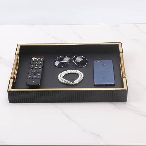 Wooden Structure Leather Decorative Coffee Table Square Tray, Farmhouse Counter PU Tray - Room Serving Trays, Brushed Champagne Gold Handle (Black) - color: Black