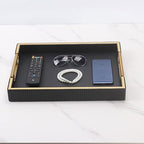 Wooden Structure Leather Decorative Coffee Table Square Tray, Farmhouse Counter PU Tray - Room Serving Trays, Brushed Champagne Gold Handle (Black) - color: Black