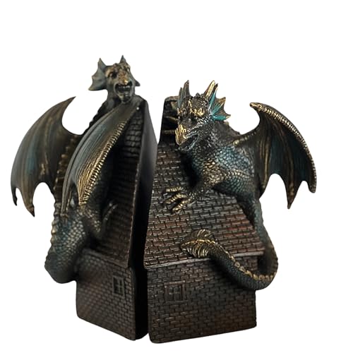 Bellaa 28670 Decorative Bookend Dragon Bookshelves Decor Heavy Duty Non Skid Vintage Antiques Classic European Medieval Aesthetic Winged Guardian Protect Prosper Peace