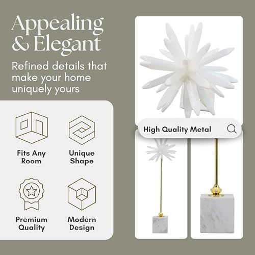 Mystique Large Starburst Statuary – Modern Decorative Object with Marble Base, Metal Stem and Sculptural Flower Top – Contemporary Home Decor Accent for Shelves Tables and Desks, 20", Gold & White - size: 20"
