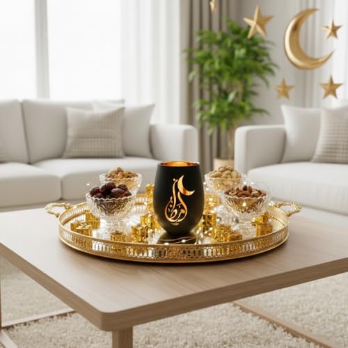 Black and Gold Ramadan Decorations for Home, Artistic Calligraphy Glass Tealight Candle Holder, 4.72" Eid Mubarak Table Decor, Luxury Islamic Votive Gift for Ramadan Kareem, Iftar Centerpiece