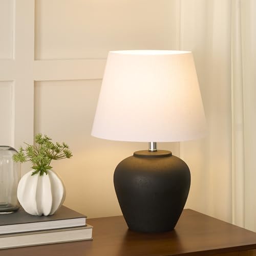 Nourison Home 20" Black Matte Ceramic Table Lamp with Fabric Shade, Bedside Nightstand Lamp for Bedroom, Living Room, Entryway - color: Black