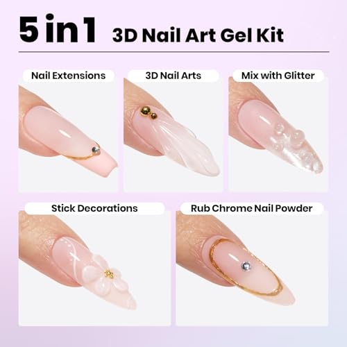 Beetles Solid Builder Gel for Nails,4 Colors Clear Pink White 3D Sculpting Gel Non-Sticky Hand Carving Nail Glue for 3D Nail Art with 3D Mold Chrome Powder Tools Salon DIY at Home,UV&LED Needed - color: Beetles Bubblegum Glow 3D Nail Art Gel Kit
