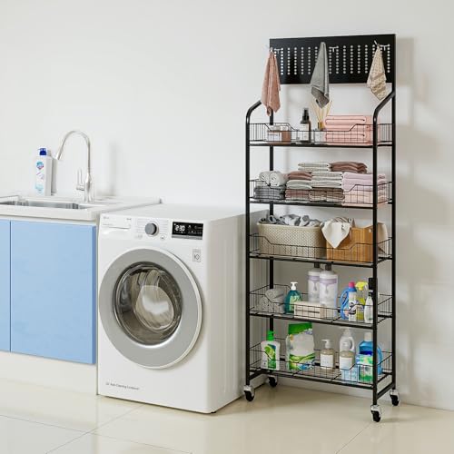 5-Tier Metal Display Rack Large Snack Shelving Unit with Hanging Panels and 12 Hooks 4 Casters for Easy Mobility Freestanding Display Unit Ideal for Supermarkets and Retail Stores (65.23H*23.8W*10.4D) - size: 65.23H*23.8W*10.4D
