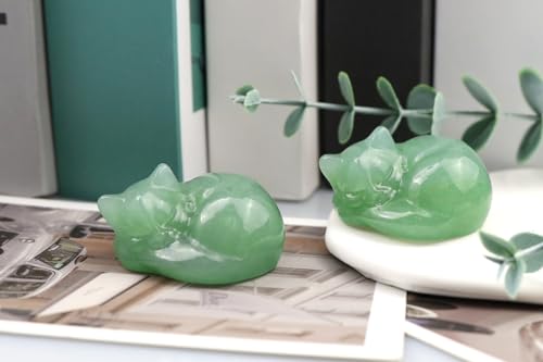 QINJIEJIE 2 Inch Green Aventurine Cat Crystals Statue Sleeping Cat Figurines Decor Gifts Healing Stone Carved Cute Kitten Polished Gemstones Reiki Sculpture Office Desk Home Room Decoration Gifts - color: G-green-green Aventurine, size: 2 inches