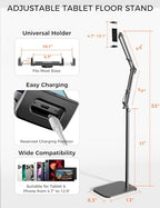 VOLTIFYMAX Tablet Floor Stand, 360-degree Rotatable Metal Tablet Stand Holder, Adjustable Kindle Holder, Universal Phone Stand for iPad/iPhoneX/iPad Pro or Other 4.7~12.9 Inch-Screen Devices (Black)