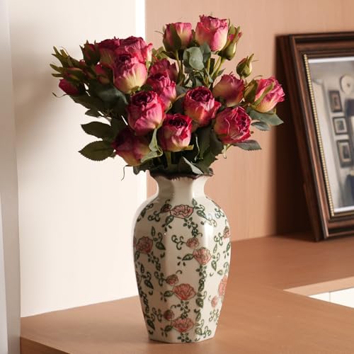 Vintage Ceramic Vase - 9 Inch Hand-Painted Roses with Ice Crackle Glaze Finish, American Farmhouse Style Pitcher Vase for Home Decor, Centerpiece, Shelf, Table, Office, Rustic Wedding Gift - color: Beige and Red-003