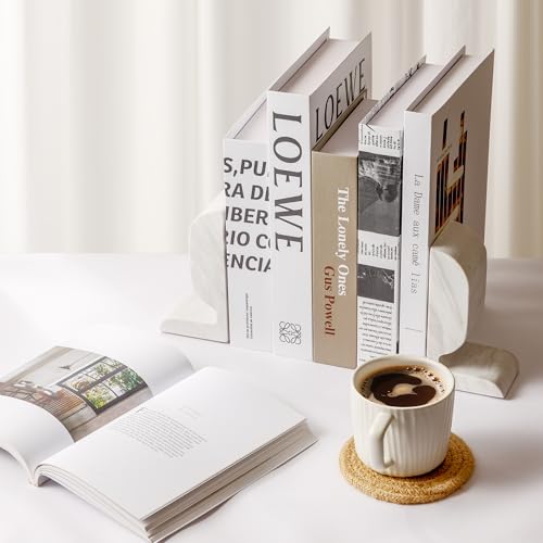 WORHE Marble Bookend for Shelves, Large Book Shelf Holder for Heavy Books, Natural Stone Book Stopper for Books CD Movies, Aesthetic Decorative Book Ends, Bookshelf Table Home Decor White (WH089) - color: White