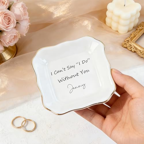 Custom Ceramic Ring Dish, Personalized Jewelry Tray with Text, Earrings Necklaces Bracelet Watch Keys Trinket Holder, Mothers Day Bridesmaid Bestie Gift for Women - color: Three Line Text