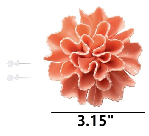 Carnation 3.15" Ceramic 3D Wall Art, Handmade Porcelain Flower Decoration for Home Office Decor (Orange Pink) - color: Orange Pink,Carnation，3.15"