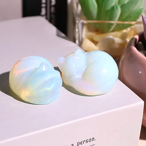 QINJIEJIE Opalite Cat Crystals Decor Sleeping Cat Statue Healing Carved Stone Decor Polished White Opalite Gemstones Figurine Office Room Home Desk Lucky Cute Decor Opal Gifts for Women Men Cats Lover - color: E-white-opal, size: 1.5 inches