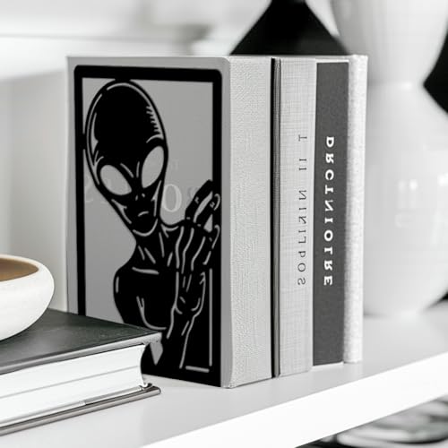 Peacoblue Metal Bookends for Shelves, Modern Decorative Heavy Duty Study Book Ends Stoppers for Office, Desk, Shelf, Room 5.3"x4.3"x7.9" Cast Iron Simple Tall Bookends 1 Pair (Aliens) - style: Alien