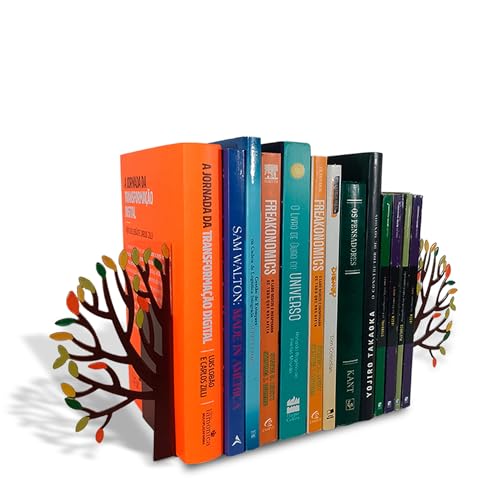Tree Bookends with Autumn Leaves - Steel with Matte Black Epoxy Coating - Decorative Pair of Book Holders for Shelves, Desk, and Office - Black with Colorful Accents – Geguton - color: Trees Theme - Colorful