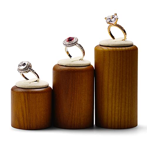 Solid Wood Ring Display Stand 3 Piece Cylindrical Microfiber Ring Holder Wooden Jewelry Display Holders Showcase Display (White) - color: Beige