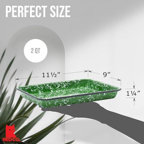 Red Co. 11" x 9" Enamelware Metal Classic 2 Quart Rectangular Serving Tray, Dark Green Marble/Black Rim - Splatter Design - color: Dark Green