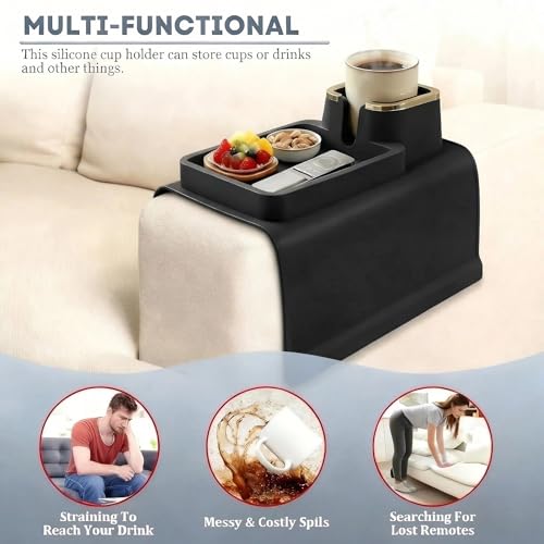 Luxury Gold Trim Couch Cup Holder Tray - Weighted Silicone Anti-Spill Sofa Armrest Organizer, Non-Slip Recliner Tray Table for Drinks, Remote, Phone - Fits Most Couch Arms, Home Gift,Black - color: Black