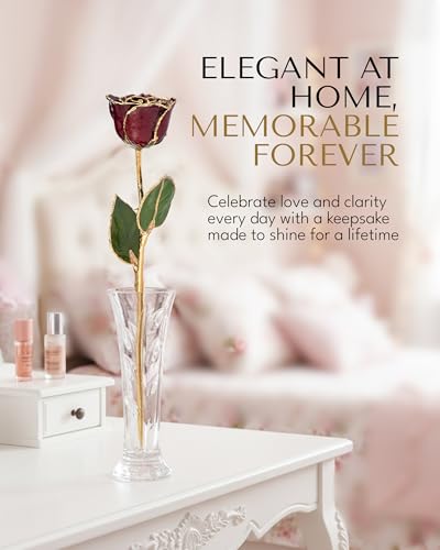 Forever Rose Hand-Dipped in 24K Gold, Garnet-Inspired January Birthstone with Sparkles, Real Rose in Luxury Gold Gift Box & Glass Vase – Perfect Ready to Gift for January Birthday or Any Occasion - color: January Garnet
