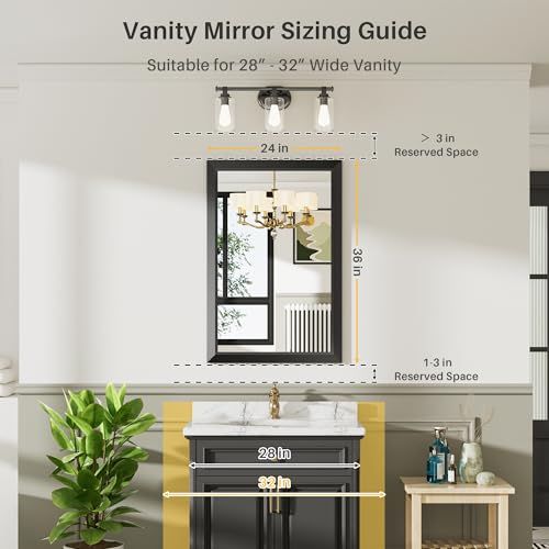 Briivue 24x36 Inch Black Bathroom Mirror for Wall, Thick Metal Framed Rectangle Mirrors for Over Sink, Bedroom, Living Room, Entryway, Anti-Rust, HD Tempered Glass - color: Black, size: 24"L x 36"W