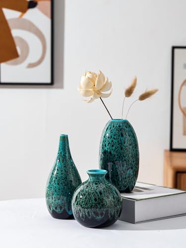 Ceramic Bud Vase Set, Fambe Blue Glazed Finish, Decorative Flower Vases (Blue-Set of 3) - color: Blue-set of 3