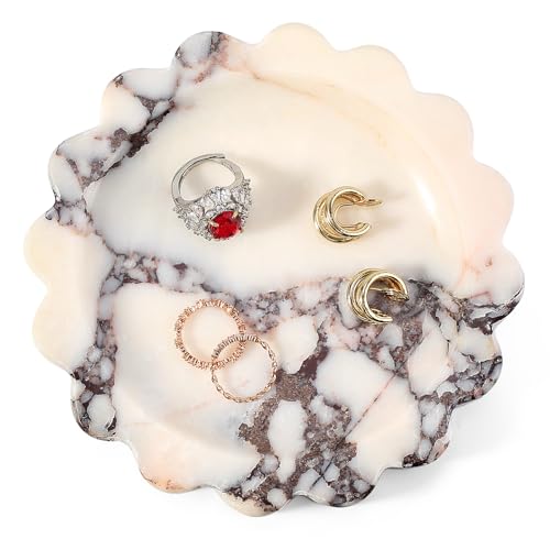 Koville 5.51" Scalloped Calacatta Viola Marble Tray, Round Stone Jewelry Trinket Dish for Ring, Natural Small Marble Tray for Bathroom Kitchen Dresser Countertop, Decorative Candle Tray - color: Calacatta Viola, size: D=5.51"