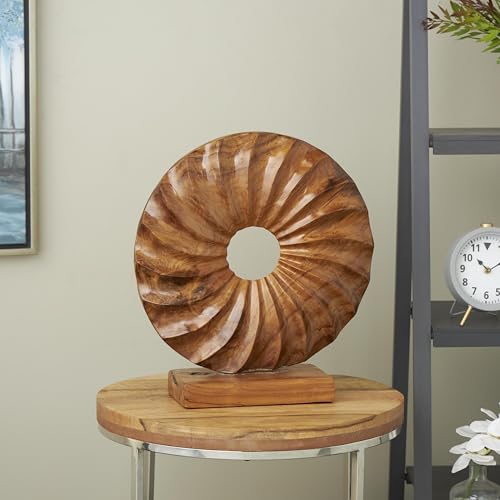 Deco 79 Teak Wood Abstract Handmade Decorative Sculpture Dimensional Circular Home Decor Statue with Center Cutout, Accent Figurine 16" x 5" x 17", Brown - size: 16" x 5" x 17"