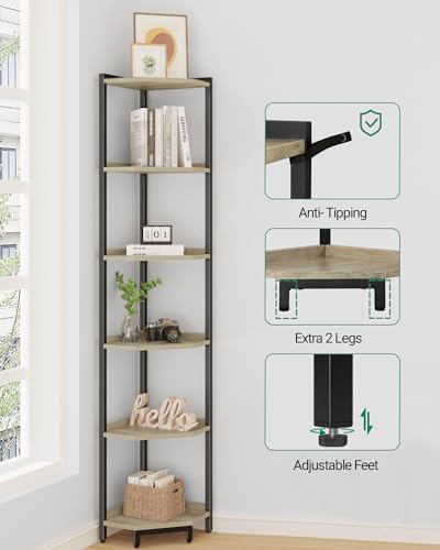 Hzuaneri Corner Shelf Stand, Corner Bookshelf, Storage Standing Shelf Unit with Metal Frame, Plant Stand, Bookcase for Living Room, Home Office, Bedroom, 6-Tier Greige CS06005B - color: Greige, size: 6 Tier