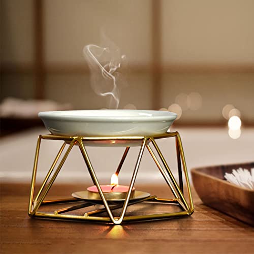 SXCHEN Tealight Oil Burner Ceramic Essential Oil Burner Tealight Candle Holder Aroma Scented Candle Oil Diffuser Glod Metal Tea Light Wax Melt Warmer Furnace Home Decoration - color: Gold