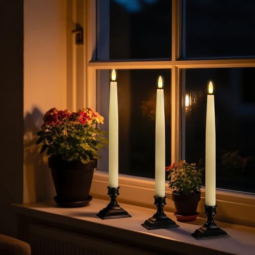GenSwin Christmas Window Candles, 4 Pcs Battery Operated Window Candles with Remote Timer, Waxy LED Flameless Taper Candlesticks with Black Holder for Christmas Holiday Home Decor(Ivory,0.78”x12.6”) - color: 4-Ivory