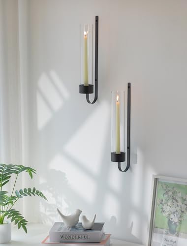 Sziqiqi Black Wall Candle Holders: Metal Candle Sconces for Taper Set of 2 Modern Wall Mounted Candlestick Holder with Hurricane Glass for Living Dining Room Bedroom Bathroom Outdoor