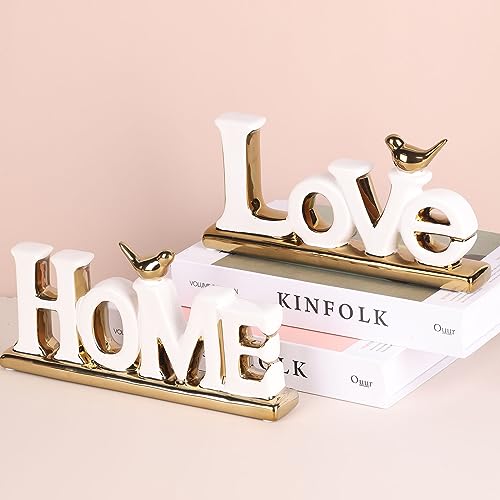 White and Gold Decor Statue - Home and Love Sign Decoration - Gold Bird with Home Sculpture - Figurine Decorative Ornaments for Living Room, Bedroom, Desktop, Cabinets - color: White+gold, style: 2 Pcs