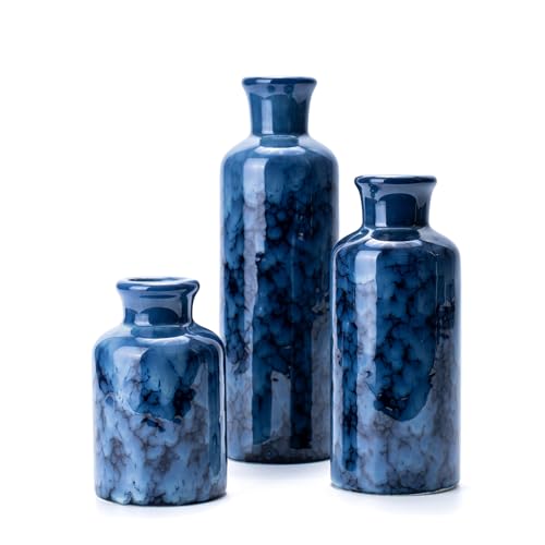 Vintage Ceramic Flower Vase Set of 3, Rustic Farmhouse Vase for Home Decor, Distressed Decorative Vase for Table Entryway Mantel Centerpiece Living Room Bathroom Bedroom (Cobalt Blue) - color: 106-cobalt Blue