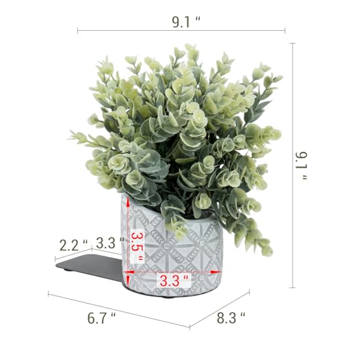MyGift L-Shaped Decorative Bookends with Artificial Eucalyptus Plant Potted in Modern Geometric Embossed Gray Concrete Pot, Book Ends for Shelf Desk Nook Decor, 1 Pair - color: Artificial Eucalyptus