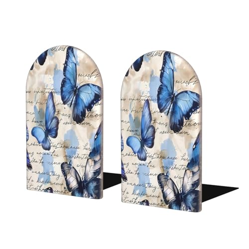 Decorative Bookends 2 Pcs Watercolor Ble Butterfly Animal Wood Bookends for Shelves Heavy Books Kids Non-Skid Book Ends Stoppers for Office Desk Kitchen School - color: Watercolor Ble Butterfly Animal