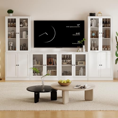 TUSY 71" TV Stand Storage Set - 2 Tall Bookcases & 2 Side Cabinets, Media Console with Glass & Wood Doors, Entertainment Center with Drawers, Tall Media Console for Living Room (White, ADDA) - color: White