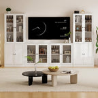 TUSY 71" TV Stand Storage Set - 2 Tall Bookcases & 2 Side Cabinets, Media Console with Glass & Wood Doors, Entertainment Center with Drawers, Tall Media Console for Living Room (White, ADDA) - color: White