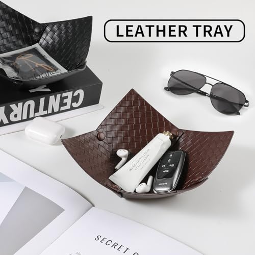 KINIVA 2 Pack PU Leather Jewelry Valet Tray for Men Women,Small Key Bowl for Entryway Table,Portable Travel Catchall Dice Tray (Bowl-Coffee-2pcs) - style: Bowl-Coffee-2pcs