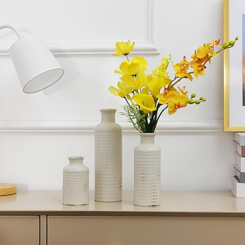 White Ceramic Vase Set of 3, Rustic Vase for Farmhouse Shelves, Ocean Beach Style, Mantle, Fireplace, Coffee Table, Shelf for Living Room - color: 3pcs-crack White