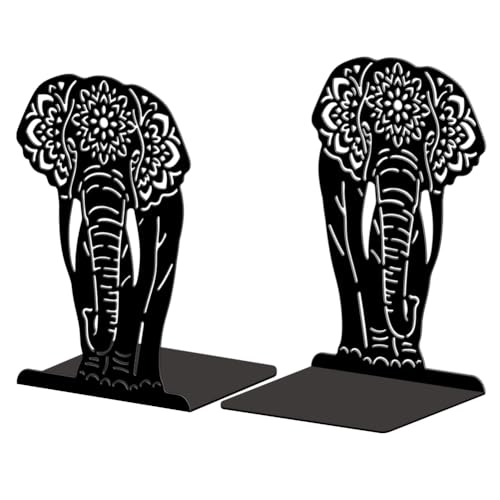 Peacoblue Metal Bookends for Shelves, Modern Decorative Heavy Duty Study Book Ends Stoppers for Office, Desk, Shelf, Room 5.3"x4.3"x7.9" Cast Iron Simple Tall Bookends 1 Pair (Mandala Elephant) - style: Mandala Elephant
