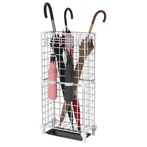 AWTATOS Umbrella Holder Entryway, Umbrella Stand Freestanding, Metal Square Umbrella Rack Organizer with a Removable Drip Tray, Hooks, White - color: White