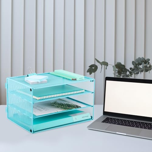 EASEPRES Paper Organizer Tray, 3 Tier Mesh Desk File Organizer Letter Sorter Holder for Home Office, Blue - color: 3 Tier Blue