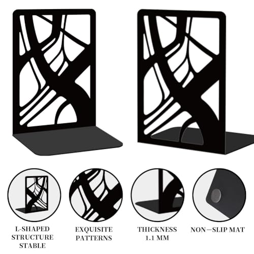 Black Abstract Book Shelf Decorative Bookends for Shelves, Book Ends for Heavy Books, Metal Bookends for Desk Organizer and CD Holder, Office Library Decor Decorative Books for Home Decor - style: Abstract