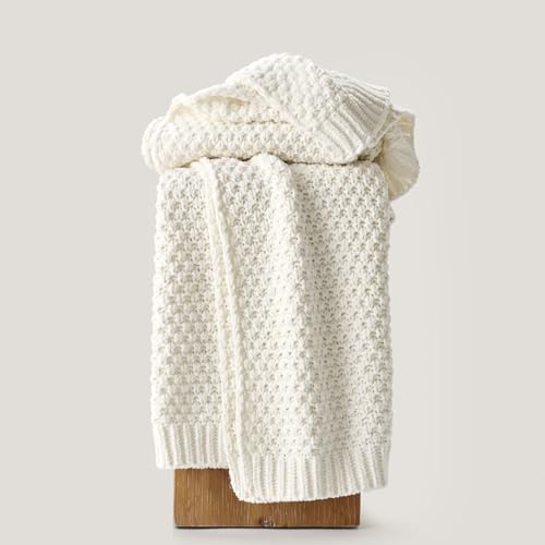 EVERGRACEHOME Chunky Chenille Knit Throw Blanket for Couch, Soft Luxurious Moss Stitch Blankets for Bed, Cozy Decorative Farmhouse Knitted Throws for Sofa, Bright White, 60" x 80" - color: Bright White, size: 60" x 80"