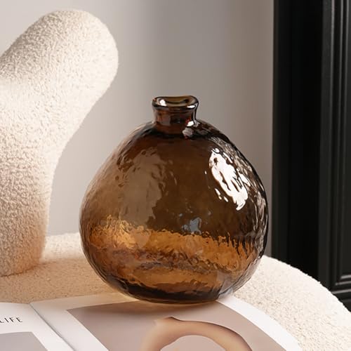 Unique Hammered Brown Glass Vase for Plants Decor Ribbed Embossed Flower Vases for Centerpieces Living Room Entrance Table Decoration,Brown - color: Brown